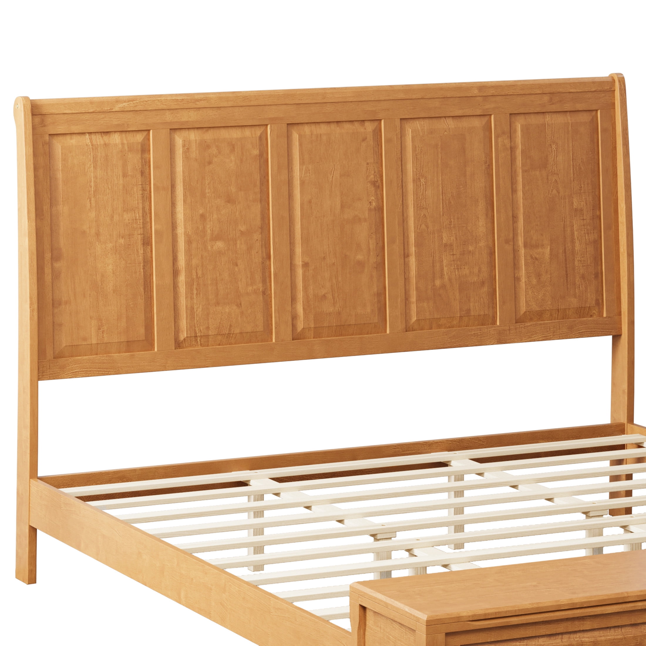 GDF Studio King Size Solid Wood Sleigh Bed with Tall Headboard and Storage Bench, Natural
