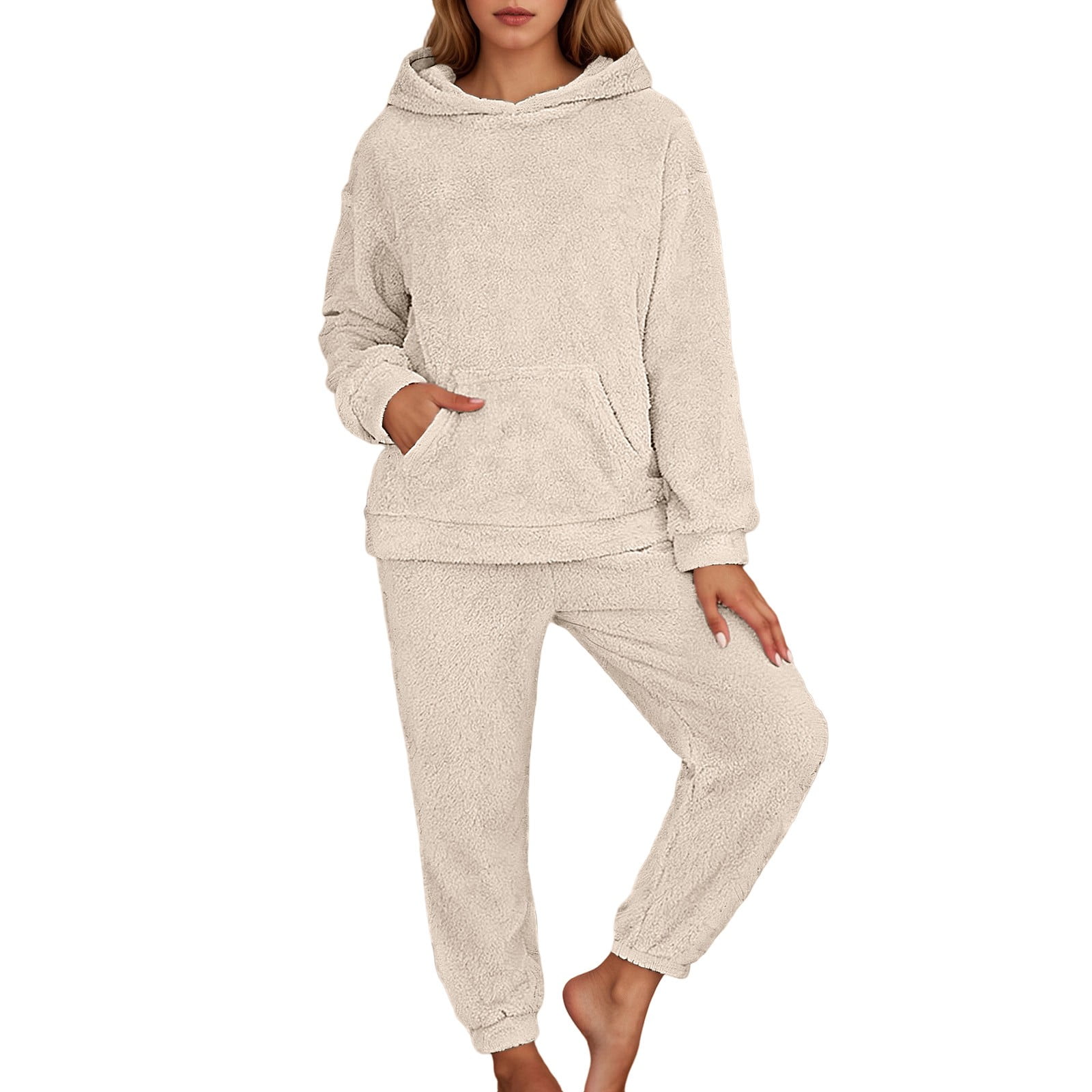 Yuanlong Womens Pajamas Sets Winter Fluffy Sleepwear For Long Sleeve Hooded Top & Pant Lounge Sets Holiday Homewear Thermal Pajama