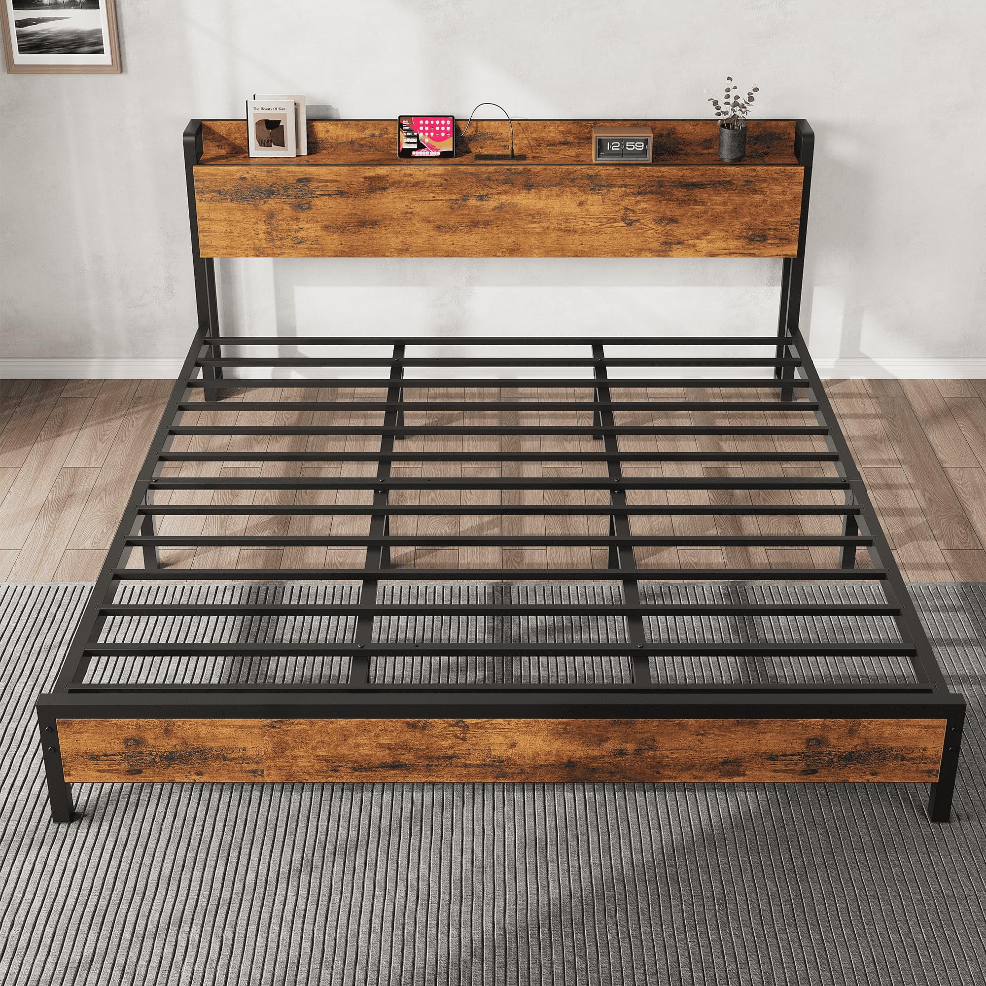 King Size Bed Frame with Storage Headboard, Industrial King Bed Platform with Charging Station and USB Ports, No Box Spring Needed Easy Assemble Mattress Foundation - Rustic Brown