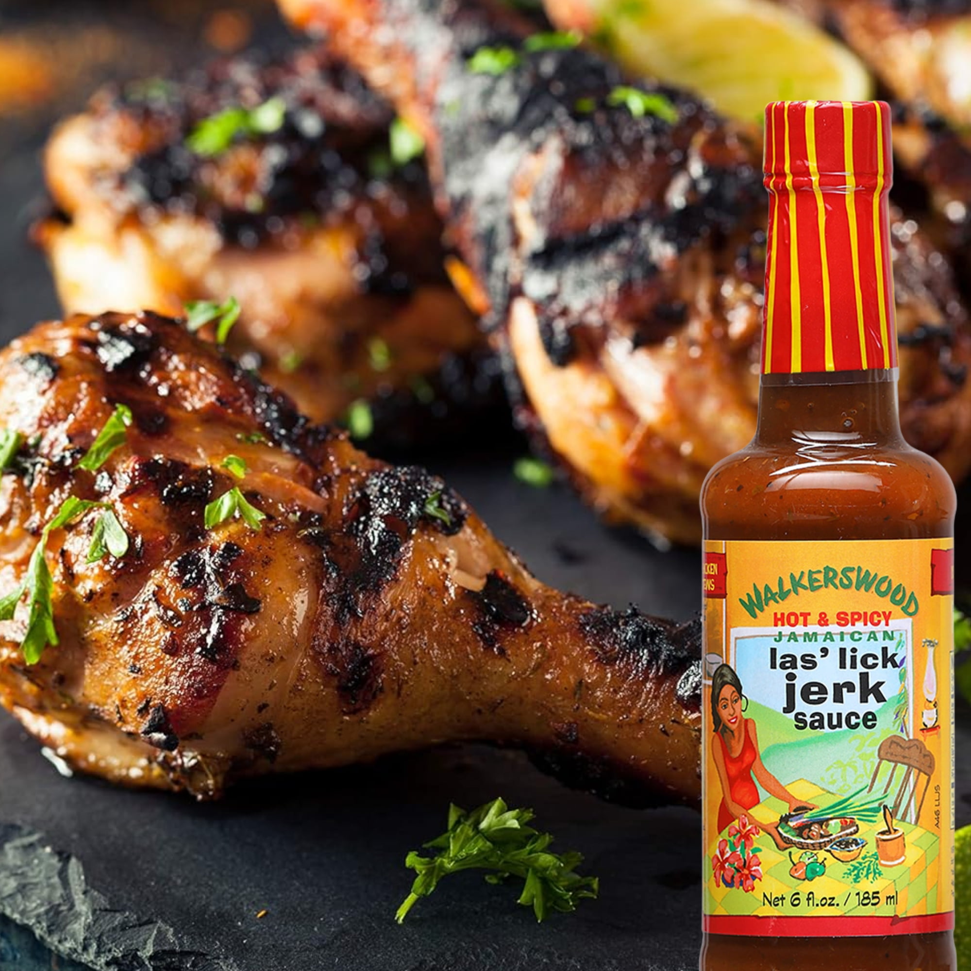 Walkerswood Las' Lick Jerk Sauce 6 Fl Oz Pack of 3, Hot & Spicy Jamaican Seasoning, Authentic Caribbean Marinade Table Sauce for Chicken Meat Seafood BBQ Grilling w/ Snoep in Beperkte Oplage