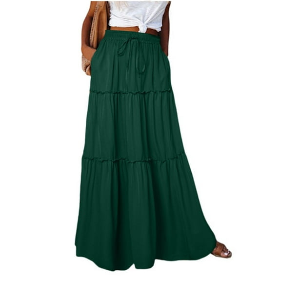 BRDFRL Women’s Summer Boho Flowy Swing Tiered A-Line Midi Skirt 2025 Fashion Trendy Elastic Waist Pleated Long Beach Dress Green XL