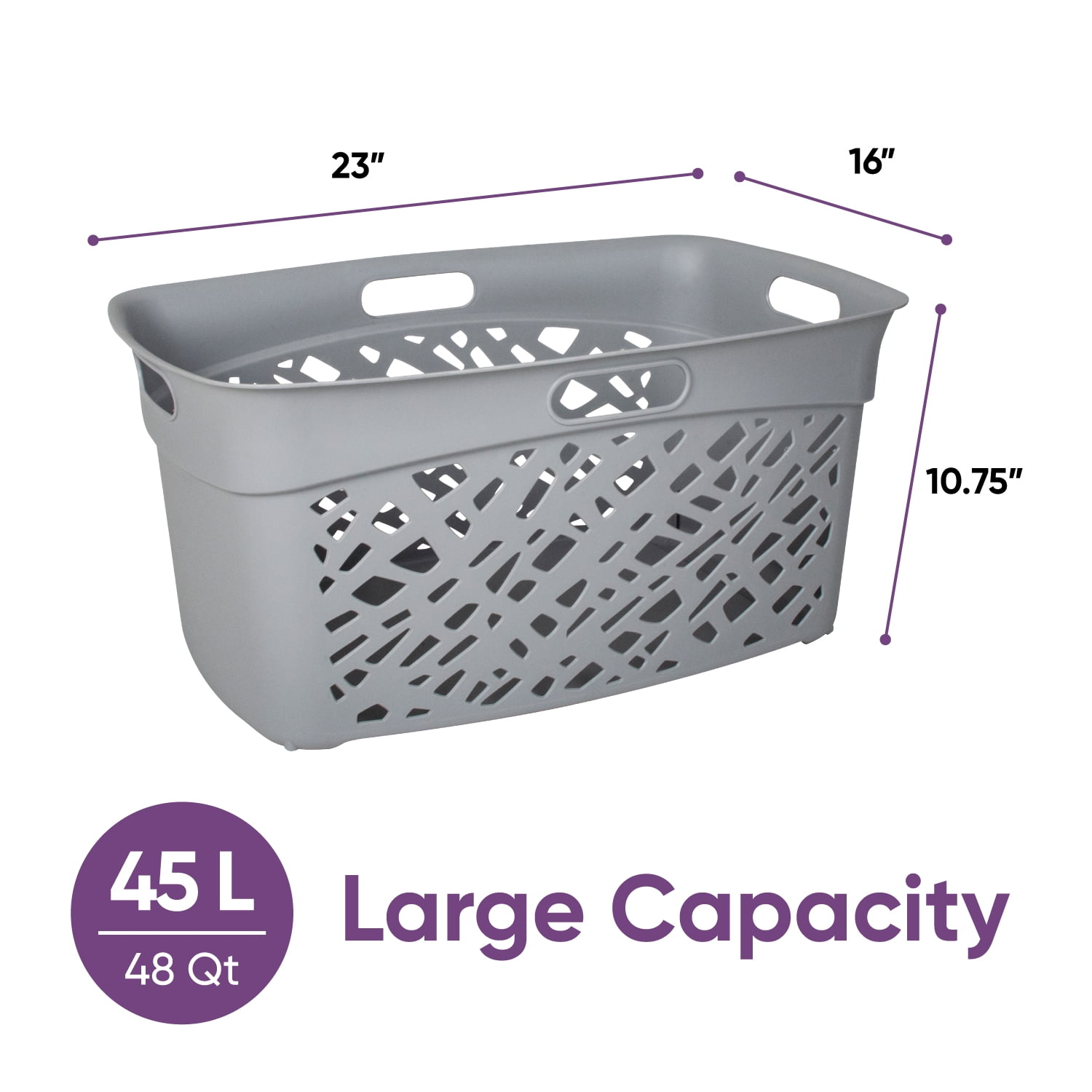 Non-Breakable Mosaic Laundry Basket, 45L -Dark Gray, Decorative Storage, Vented Design, Made in France, Modern Home Organizer