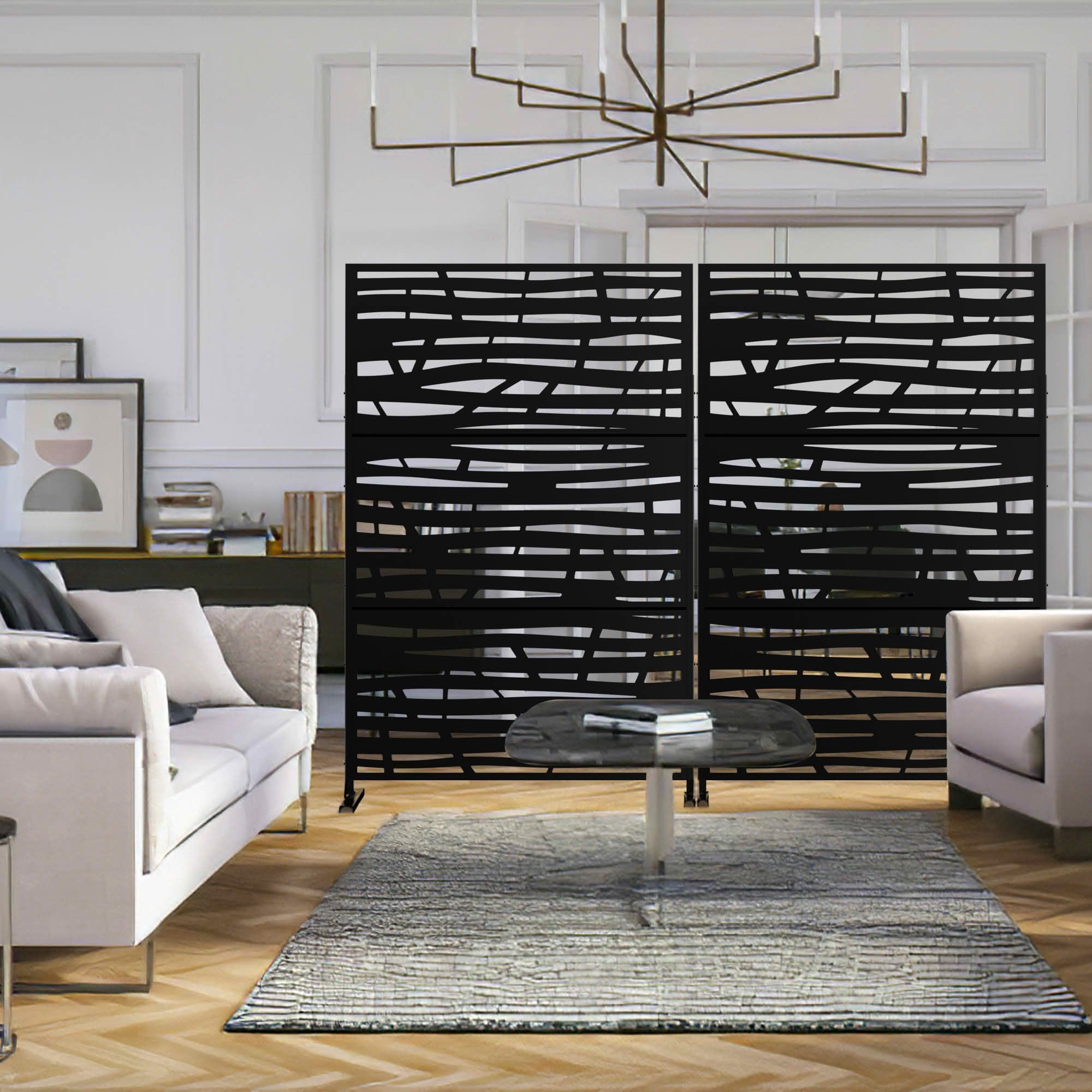 MAYEERTY 72x47x16 Inch Black Jungle Rectangular Galvanized Steel Privacy Screen, 3 Piece Set for Outdoor Garden