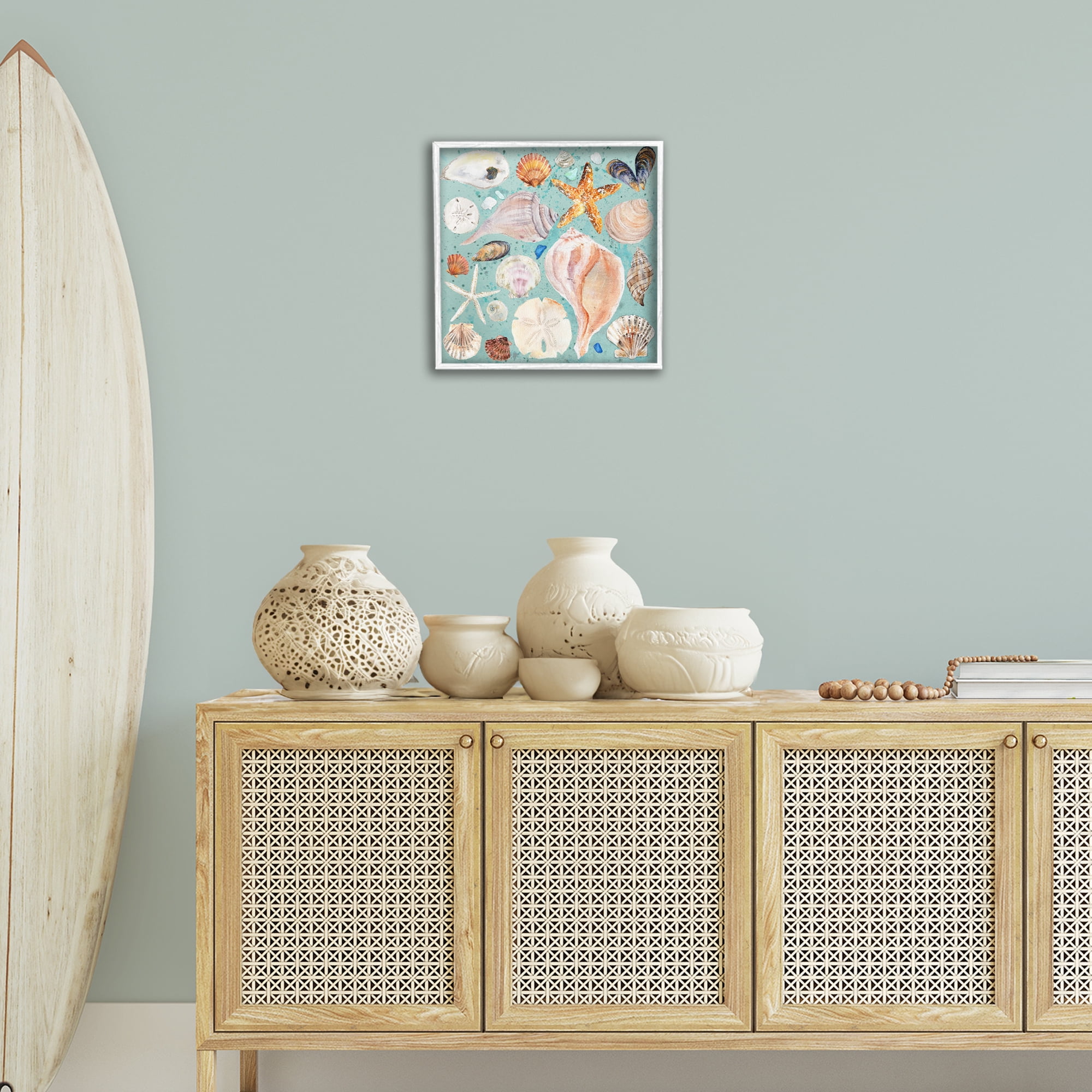 Stupell Industries Seashell Puzzle Pattern Coastal Painting White Framed Art Print Wall Art, 17 x 17