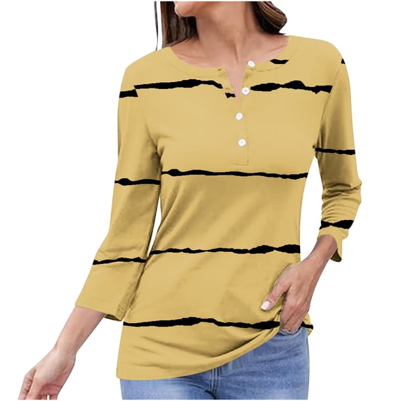 Lmnyox Women's Striped T Shirt 3/4 Sleeve V Neck Button Tops Summer Trendy Blouses Casual Clothes