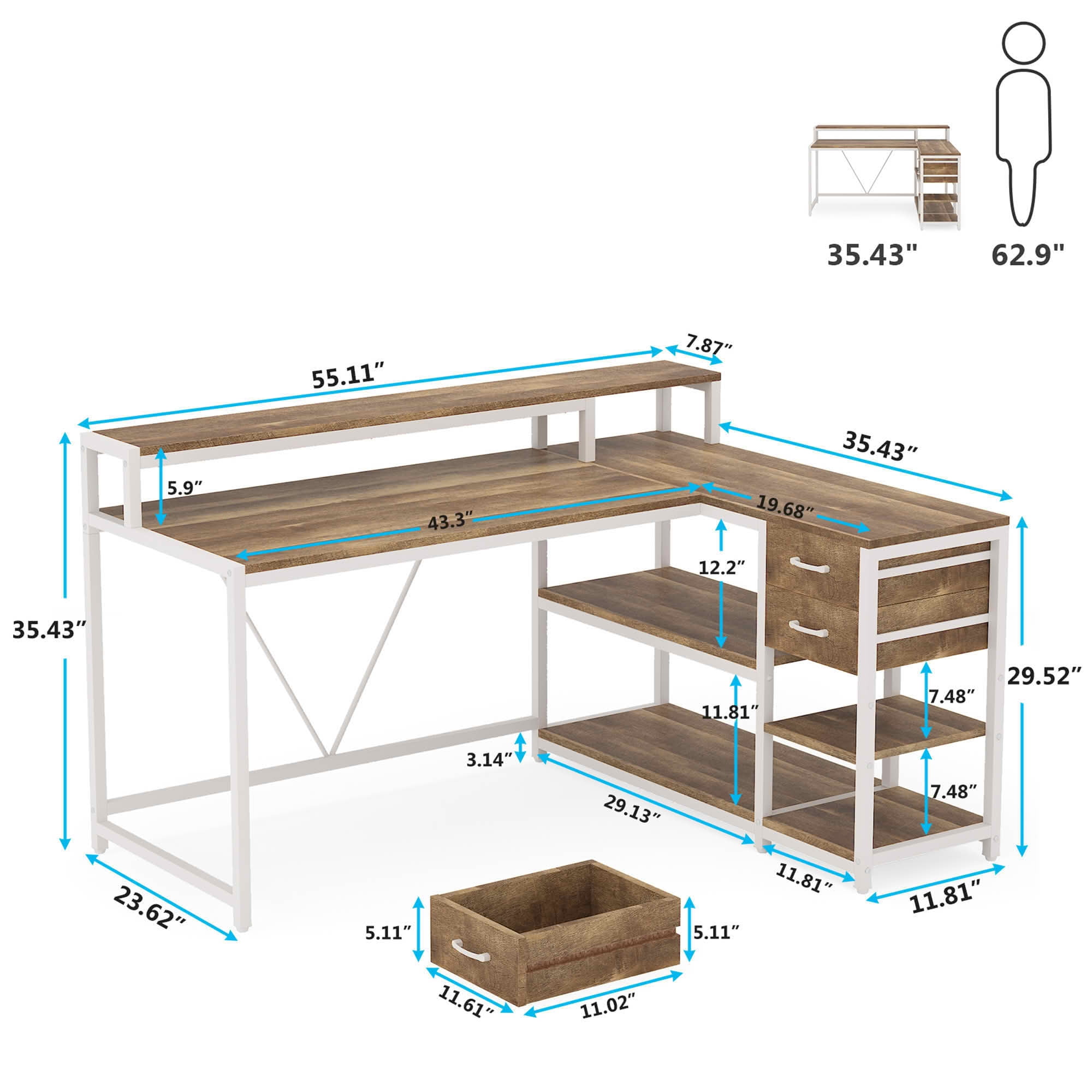 MAYEERTY L-Shaped Corner Desk with Monitor Stand, Drawers & Storage Shelves