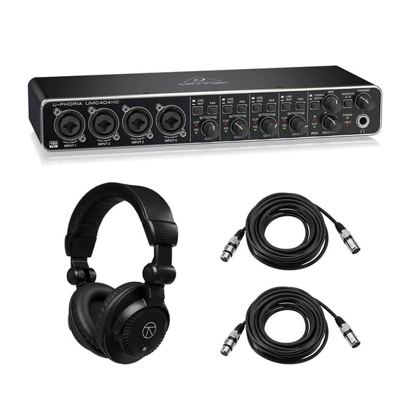 Behringer U-PHORIA UMC404HD 4x4 USB 2.0 Audio/MIDI Interface, Bundle with TAPH100 Headphones and 2x XLR Cable