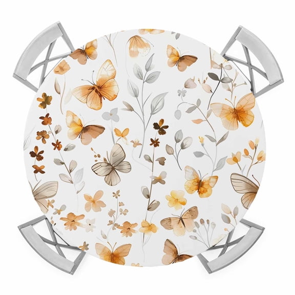 Orange Floral Spring Round Tablecloth for 45-54 Inch Tables, Fitted Table Cover with Elastic Edge, Butterfly Botanical Summer Waterproof Outdoor Table Cloth Protector for Patio Garden Dinner Picnic