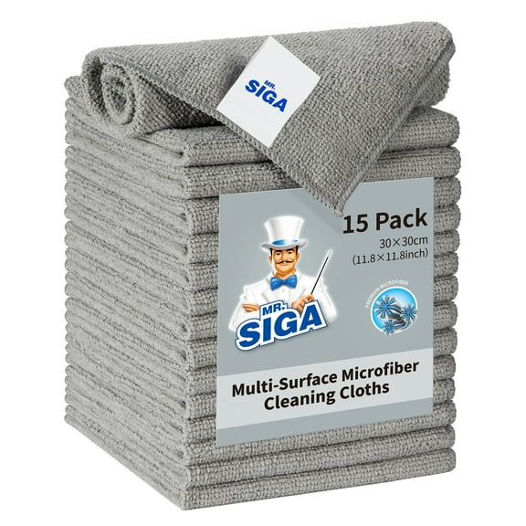 MR.SIGA Microfiber Cleaning Cloth, All-Purpose Microfiber Towels, Streak Free Cleaning Rags, Pack of 15, Grey, Size 30 x 30 cm(11.8 x 11.8 inch)