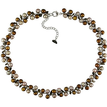 6mm Champagne and Gold Cultured Freshwater Pearl with Smoky Quartz Chips Necklace, 15"