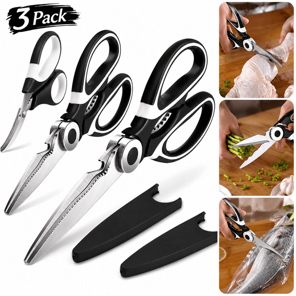 Ustris 3 Pack Kitchen Scissors All Purpose - Heavy Duty Stainless Steel Cooking Shears, Soft Grip Comfort Handle, for Cutting Meat, Food, Fish, Poultry Multipurpose Sharp Scissors for Dishwasher Safe