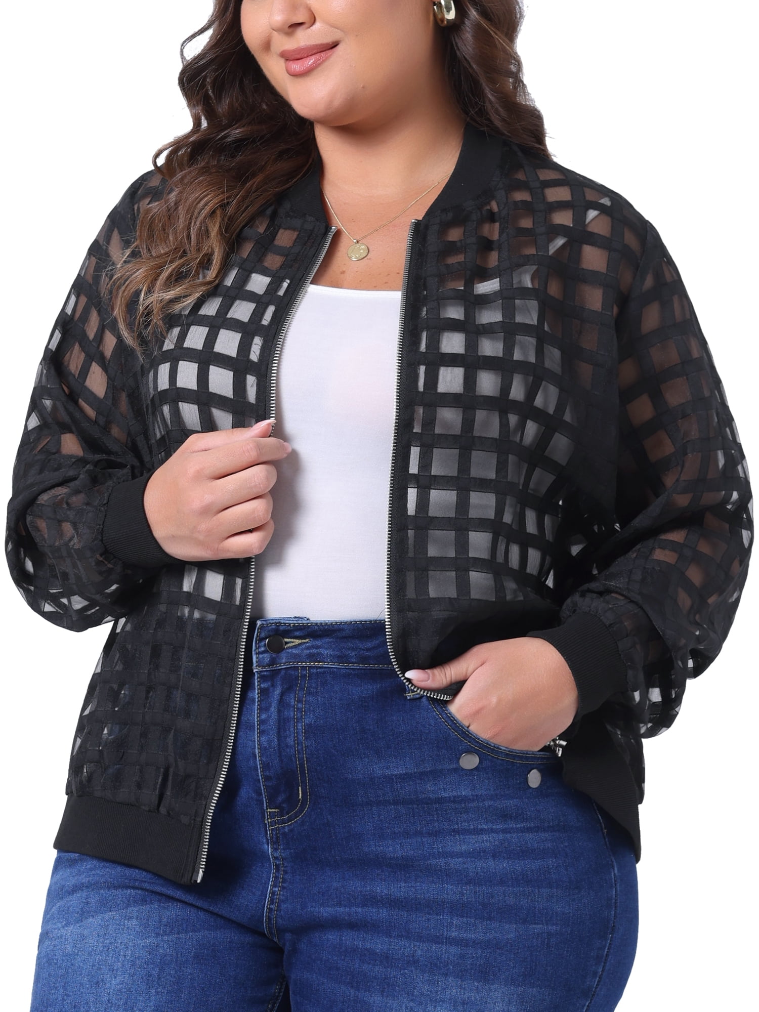 DARING DIVA Stylish Plus Size Mesh Sheer Zip Up Bomber Jacket 1X Black