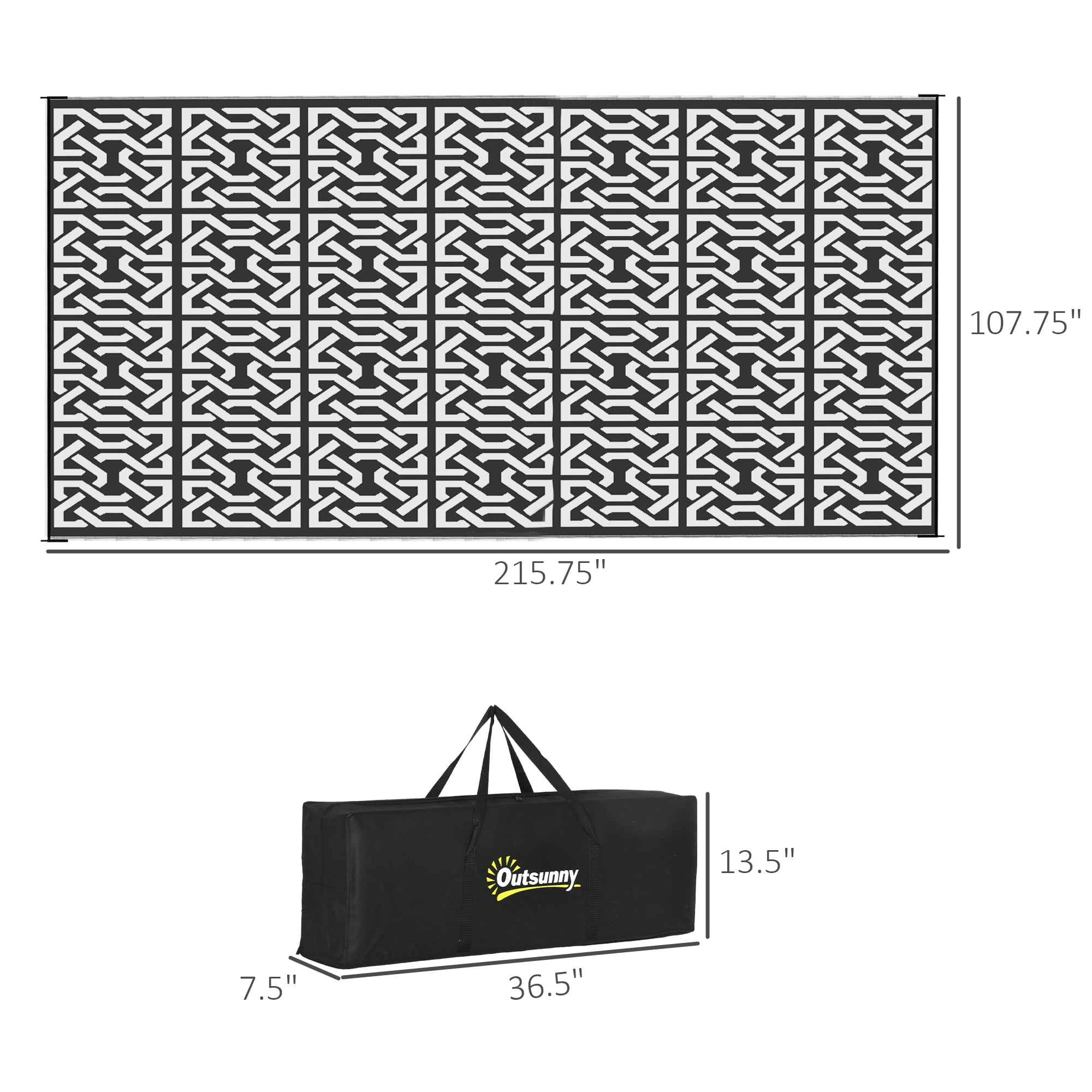 Outsunny Black and White Chain Loop Buckle Chain Outdoor Rug, 9' x 12', Waterproof