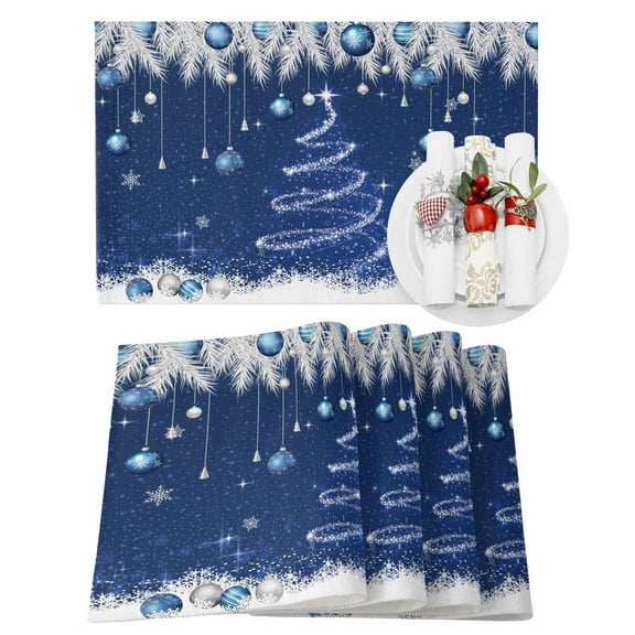 Navy Blue Christmas Placemats Set of 8 Shiny Star Tree Xmas Balls Snow Pine Leaf Heat Insulation Washable Place Mats, Rustic Non-Slip Table Mats for Dining Table Party Kitchen Decor,13x19 Inch