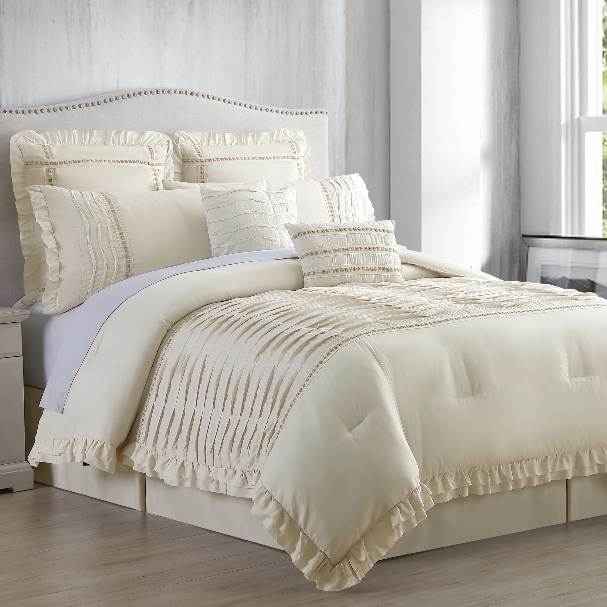 Hudson Luxury 8 PC Comforter Set Includes Comforter Skirt Shams and Pillow 