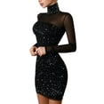 thumbnail image 2 of DYMADE Women Sexy Mini Short Skirts Turtleneck Long Sleeve Gauze Sheer Splice Dresses, 2 of 5