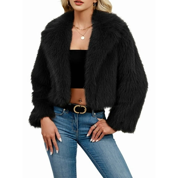 Women'S Winter Coats Fleece Cropped Jacket Faux Fur Long Sleeve Pockets Warm Outerwear Fall Clothes Black XXL