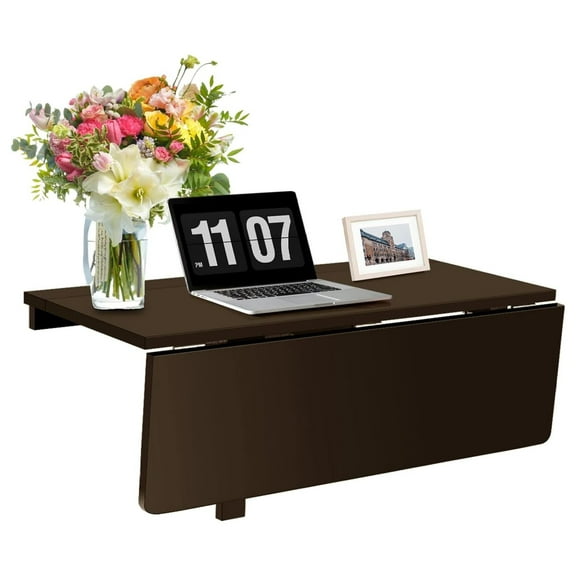 Drevy Wall Mounted Folding Table, 31.5" x 23.5" Drop-Leaf Floating Writing Desk for Small Spaces, Space-Saving Fold Down Laptop Workstation for Kitchen, Bedroom, Laundry Room, Study Room (Brown)