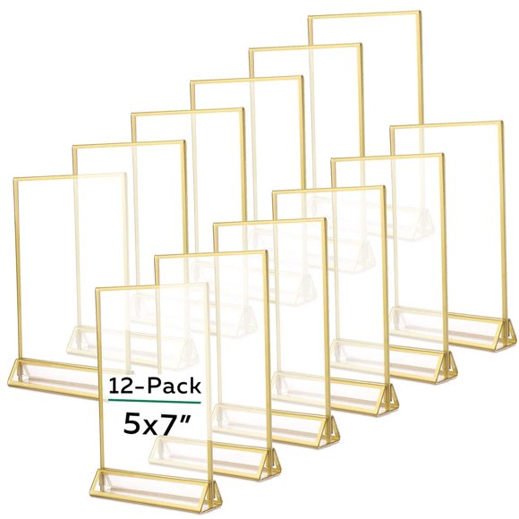 TonGass 12-Pack 5x7 Standard Double-Sided Acrylic Wedding Table Numbers Picture Frames, Clear Sign Holders with 3mm Gold Border & Vertical Stand