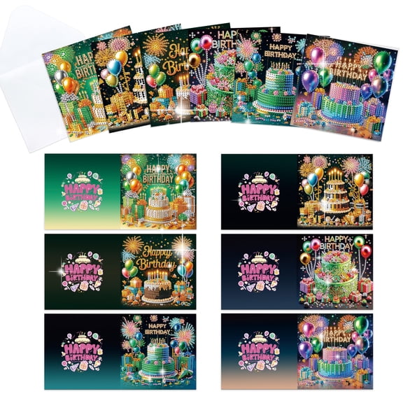 6pcs Diamond Painting Kit Greeting Card, Birthday Cake 5D DIY Diamond Handmade Holiday Greeting Card with Envelope, Christmas Gift Congratulation