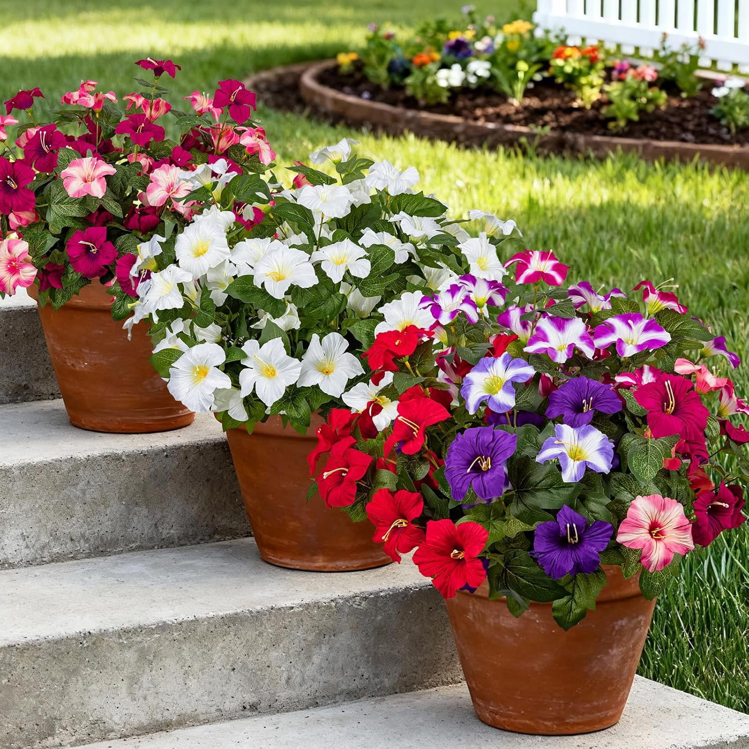19 Inch Artificial Fake Flowers for Outdoor,4 Pcs Faux Silk Petunias Spring Flowers for Outside for Indoor Porch Planter Front Door Garden Patio Window Box Home Decor(Multiple Color)