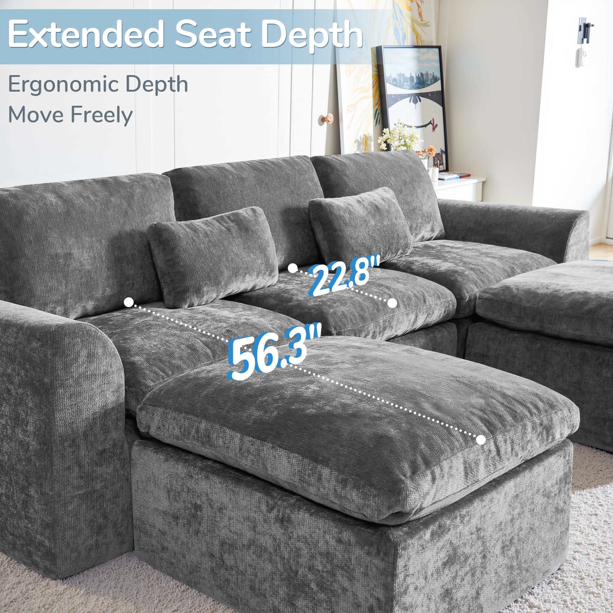YINIX 120" Modular Sectional Sofa with Movable Ottomans, U-Shaped Couch for Living Room, No Assembly Required, Grey