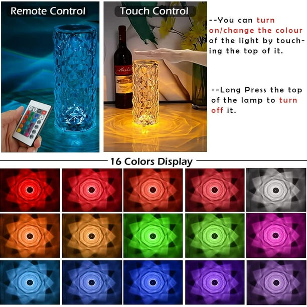 Lampe de table en cristal de diamant améliorée, 16 couleurs USB