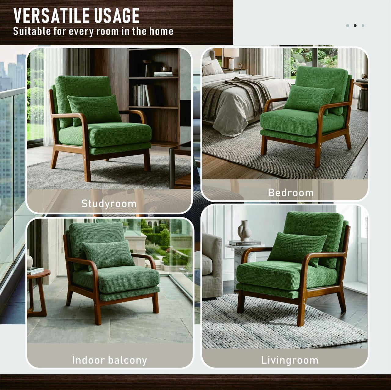 Homy Casa Mid-Century Accent Chair, Comfy Upholstered Reading Chair with Solid Wood Arms, Green