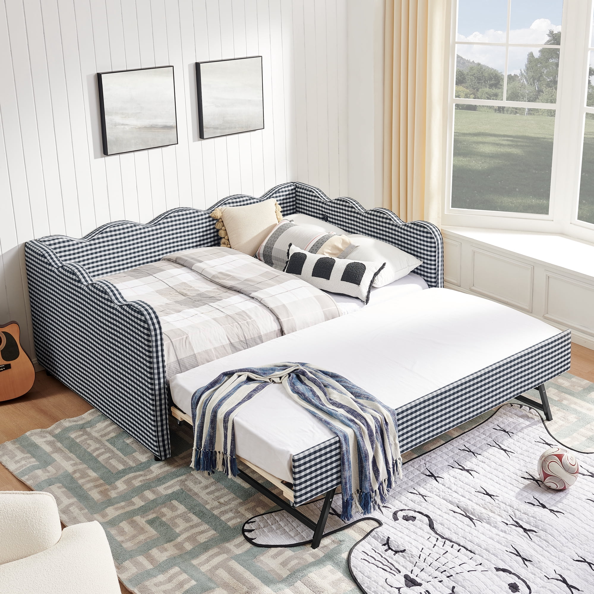 Full Size Daybed with Trundle and USB Port Upholstered Sofa Bed Gingham Linen Kids Guest Bed Frame, No Box Spring Needed, Navy