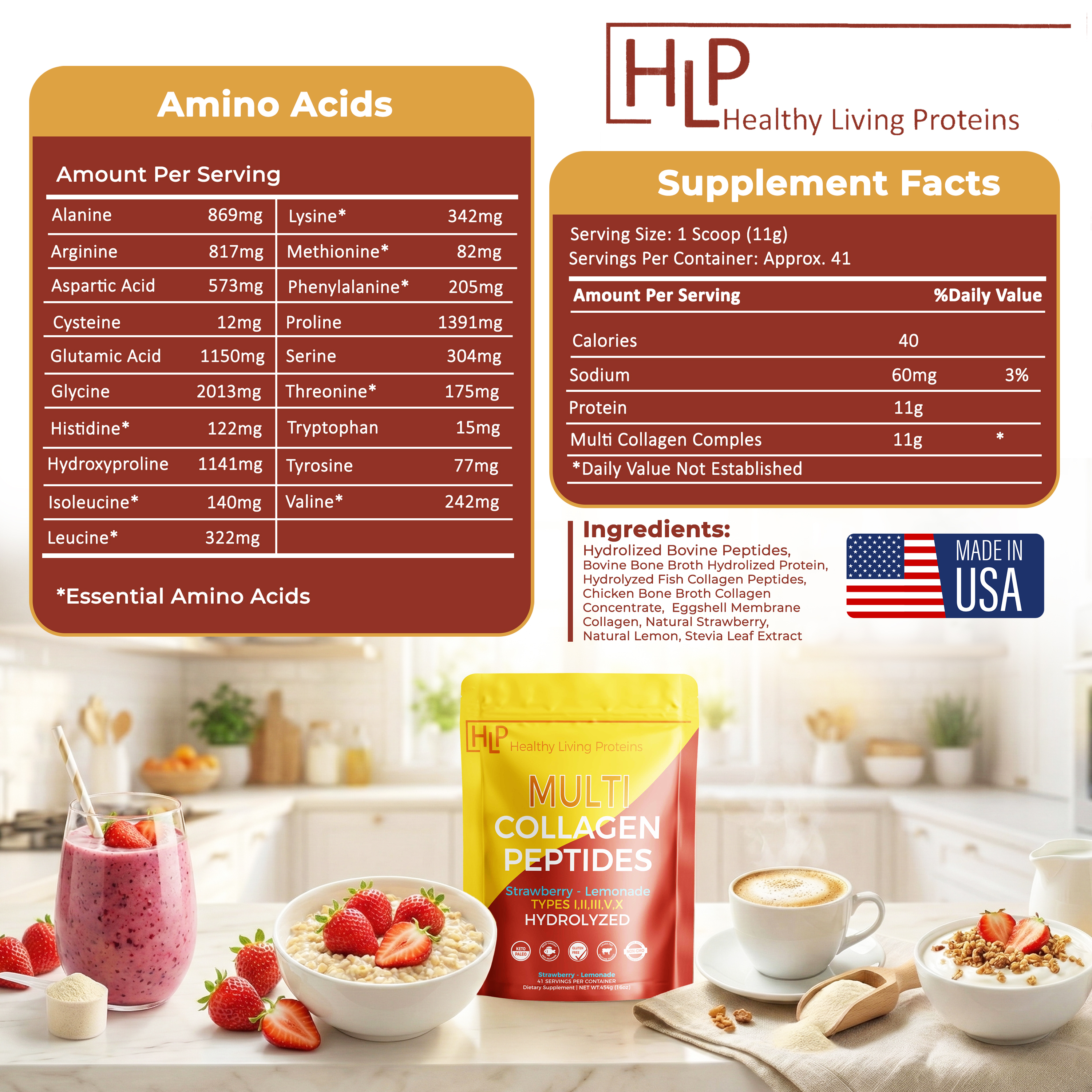 Healthy Living Proteins Multi Collagen Peptides Powder, Str-Lemonade, 1lb