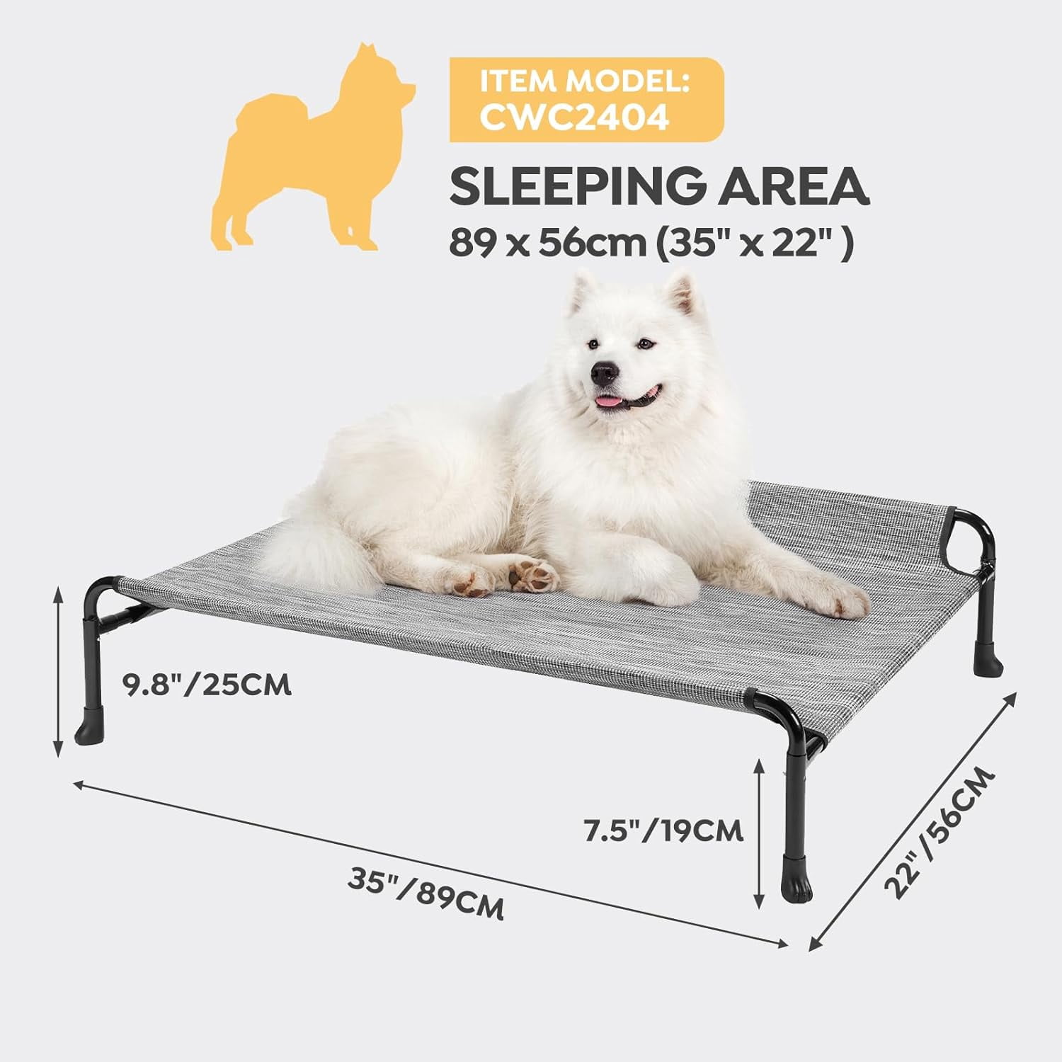 Elevated Dog Bed, Raised Dog Cots for Medium Dogs, Waterproof Outdoor Dogs Bed, Cooling Pet Hammock with Guardrail, Upgraded Non-Slip Feet, Breathable Teslin Mesh, Black Silver, 35x 22 inches
