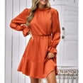 thumbnail image 4 of Pure Color Long Sleeve Ruffle Dress Half High Neck Casual A Line Patchwork Dress for Women Autumn Winter Orange XL, 4 of 6