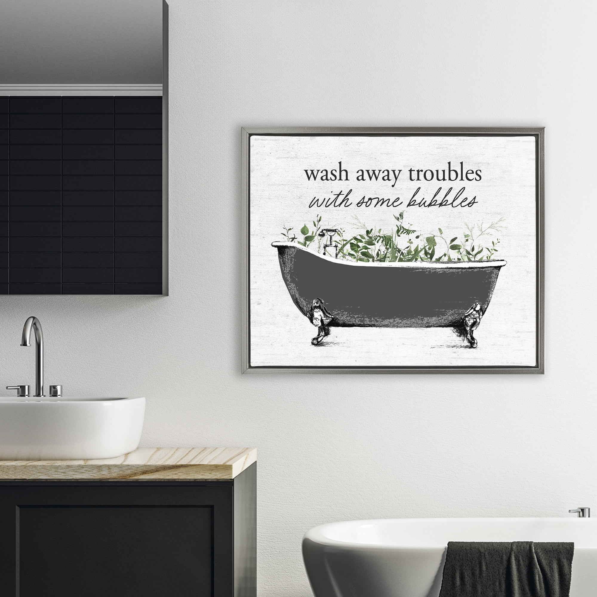 Comforting Bubble Bath Quote Gray Framed Floater Canvas Wall Art, design by Lettered and Lined