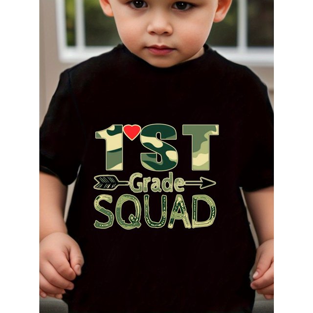 1ST Grade SQUAD Arrow Letters Graphic Print Boys Breathable Sweat Absorbent T-shirt, Casual Comfortable And Lightweight Round Neck Tops For Boy In Summer