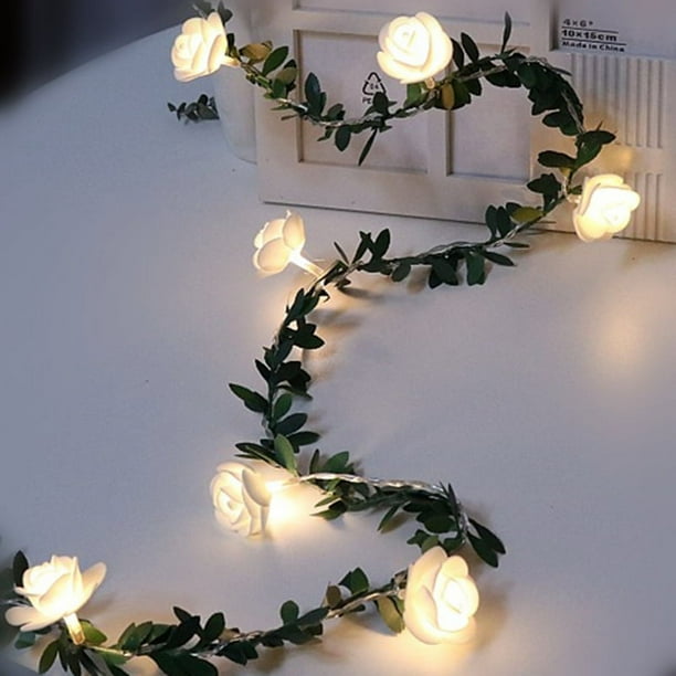 Guirnalda de luces LED de ratán de hojas verdes artificiales, enredadera de rosas con luz, decoración navideña, guirnalda de luces LED