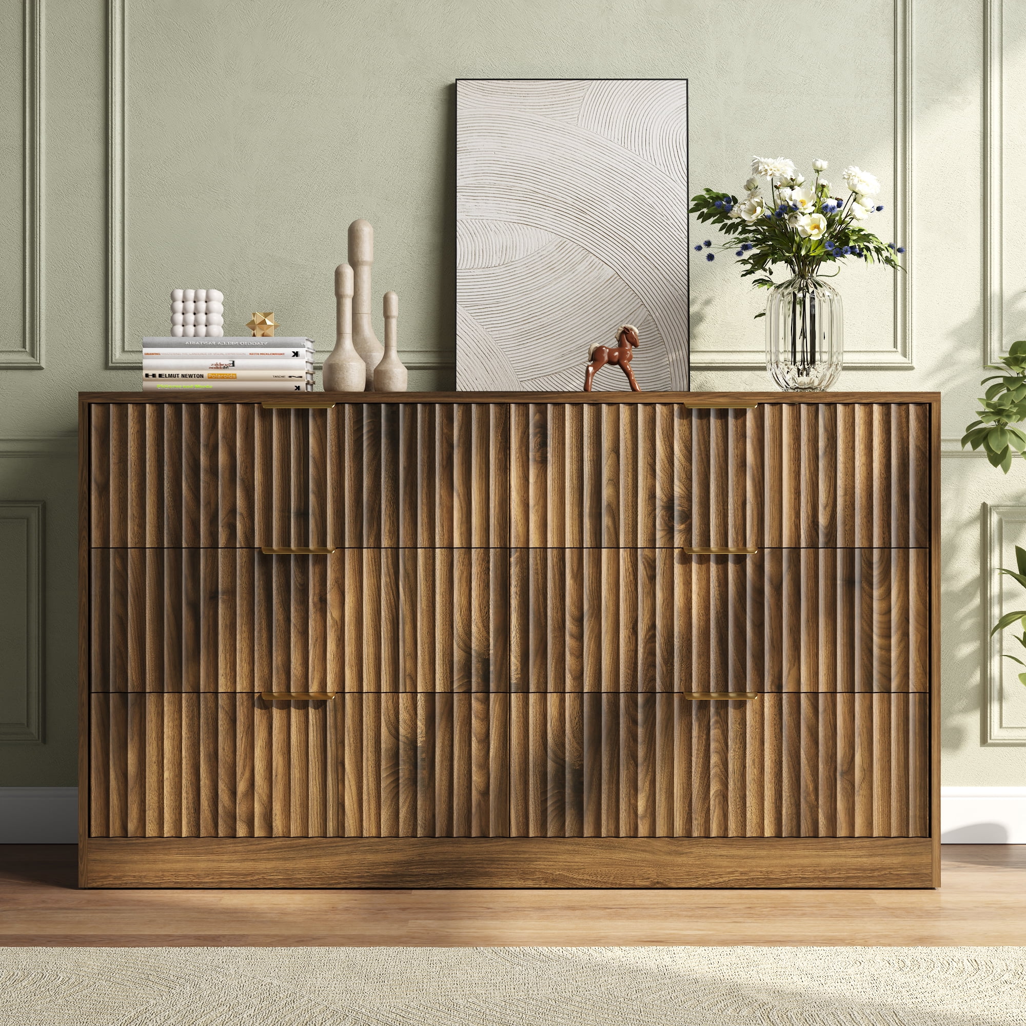 ASTUVIA 55.1" W Fluted 6 Drawer Dresser for Adult,Wooden Bedroom Dresser,Dresser TV Stand up to 65" for Living Room,Brown