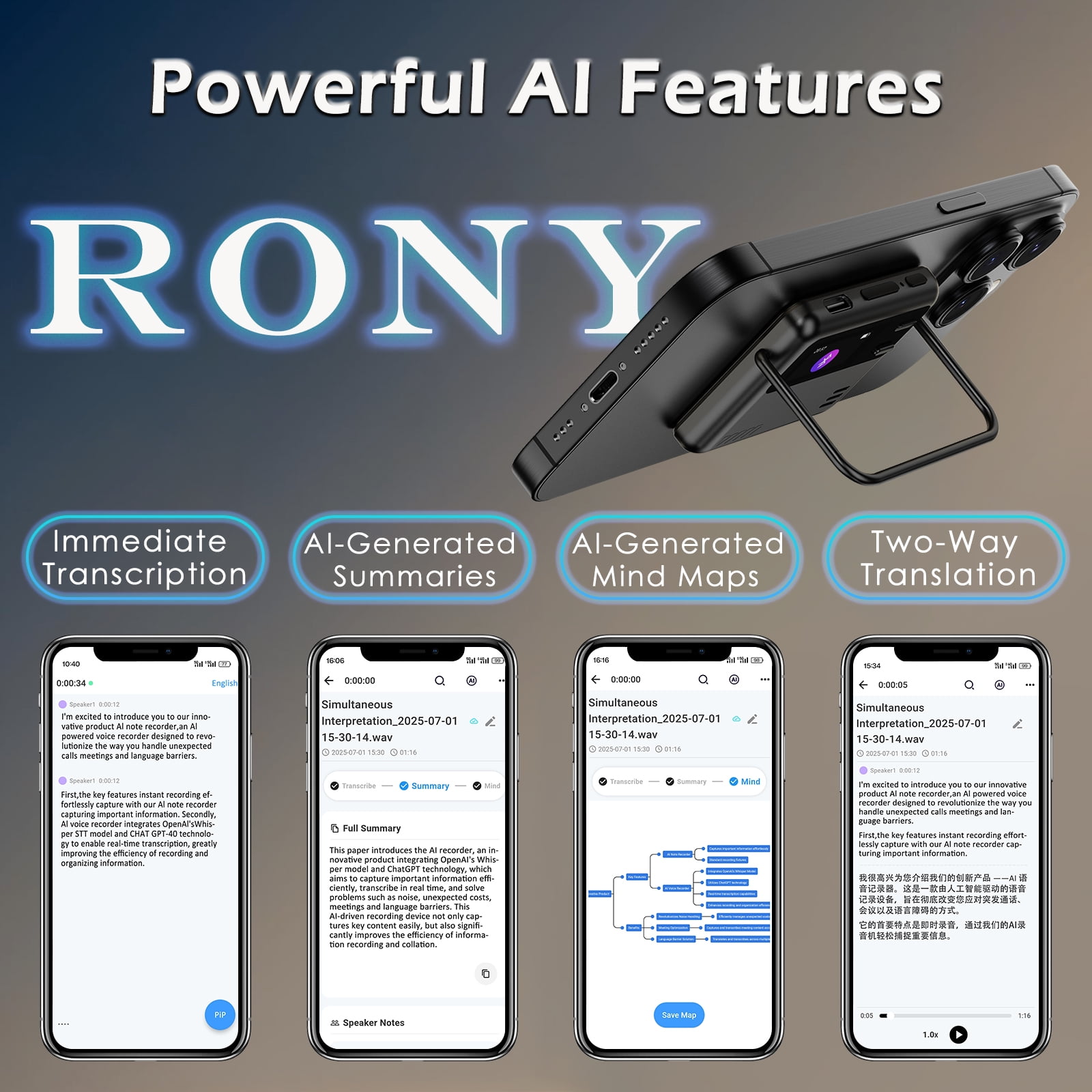 RONY 128GB AI Voice Recorder with Voice-to-Text Transcription Translation: 3072kbps Magnetic Voice Activated Recorder for Lectures Meetings Interviews