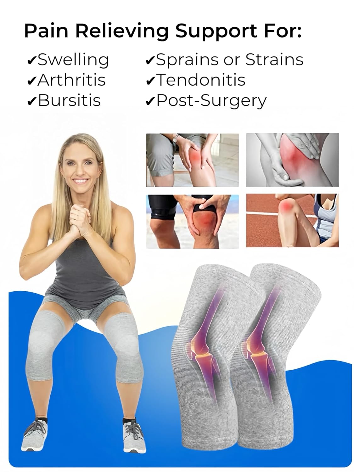 Bamboo Knee Sleeves, 2-Pack Compression Sleeve Women Men Elastic Warm Slip-on Recovery Br for Arthritis Pain