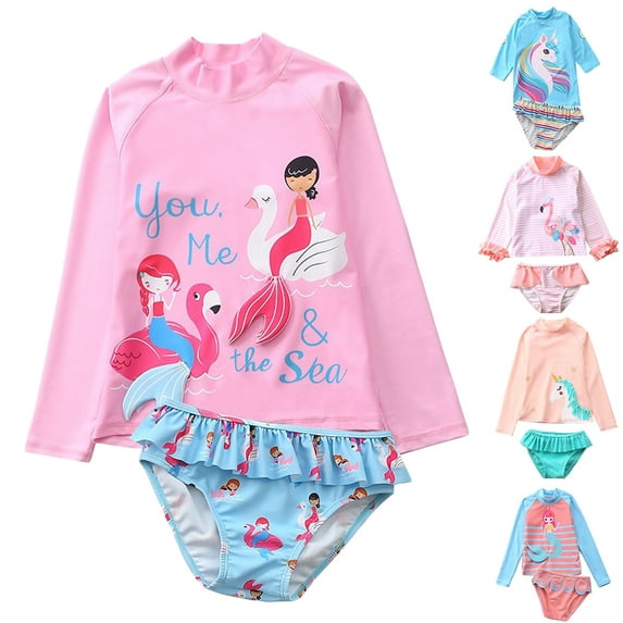 URMAGIC 1-10Y Kids Girl Mermaid Ruffle Two Piece Long Sleeve Rash Guard Swimsuit Bathing Suit