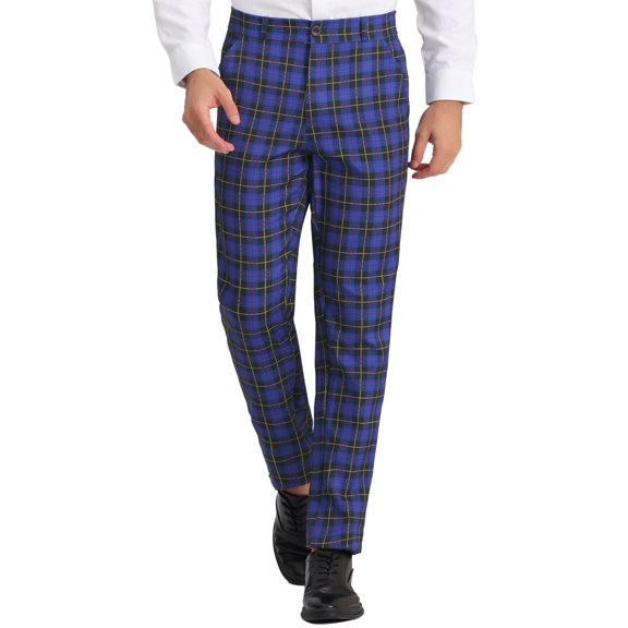 Unique Bargains Men's Dress Pants Casual Flat Front Stretch Business Plaid Pants 32 Purple Navy