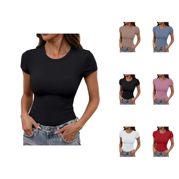 T Shirts for Women Summer Casual Short Sleeve Crewneck Slim Fit Plain Basic Tshirts Womens Undershirts