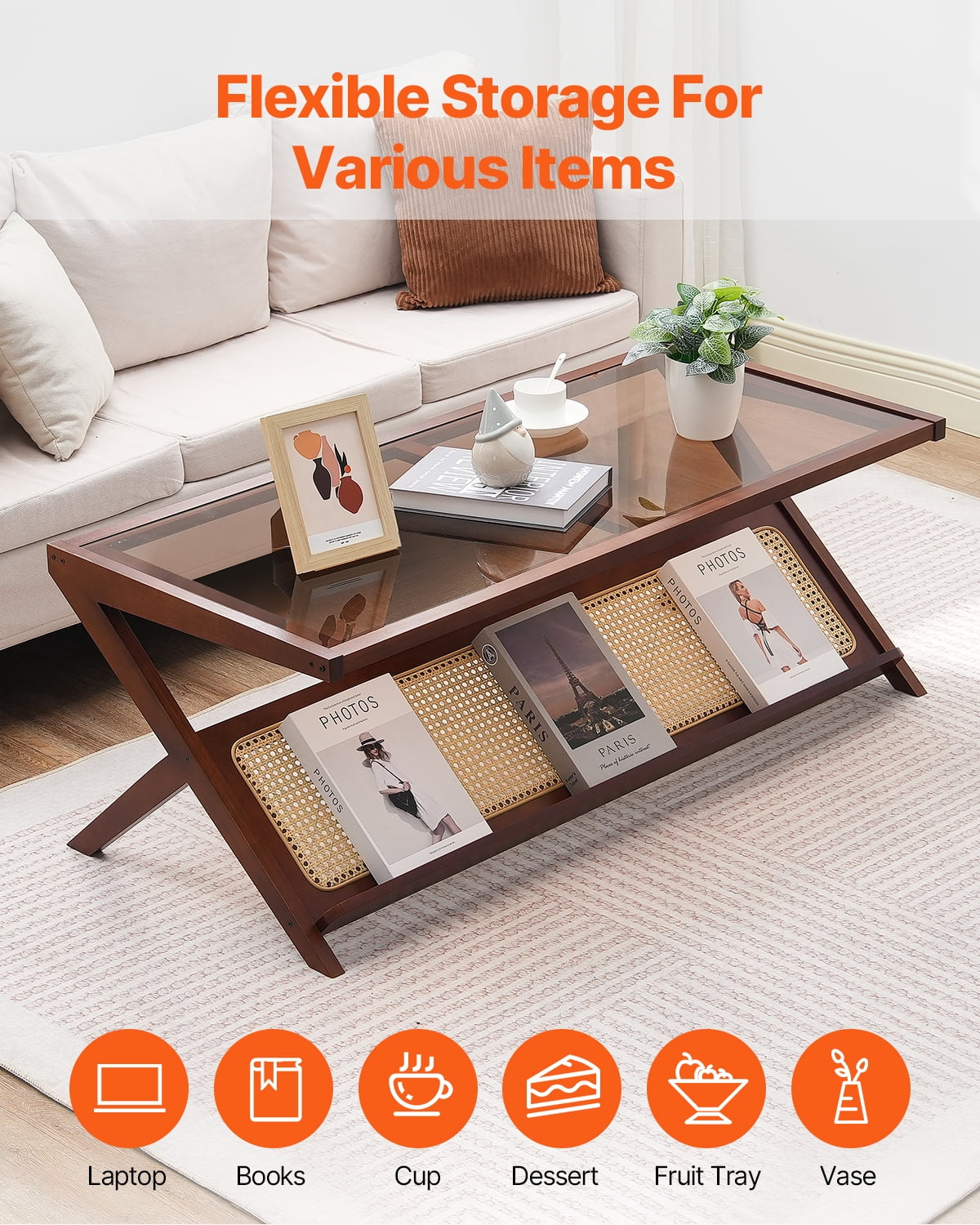 KFFKFF Wicker Coffee Table, Z-Form Wicker Weaved Bamboo Table with Hardened Glass Surface, 47” Contemporary Bohemian Storage Table with Authentic Bamboo Supports, for Lounge, Sleeping Quarters