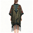 thumbnail image 3 of WeHello Women's Green Peacock Print Boho Velvet Kimono, Fringe Open-Front Beach Cover-Up Shawl for Vacation, 3 of 9