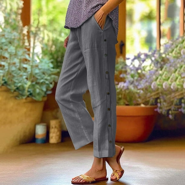 WILLBEST Pantalones Largos Casuales de Lino para Mujer con Cintura Elástica y Botones: Cómodos, elegantes y Versátiles para Cualquier Ocasión. Extra Grande