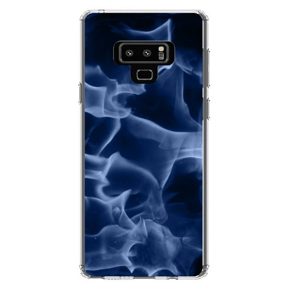 DistinctInk Clear Shockproof Hybrid Case for Samsung Galaxy Note 9 - TPU Bumper, Acrylic Back, Tempered Glass Screen Protector - Blue Black Flame Fire - Printed Image of Fire