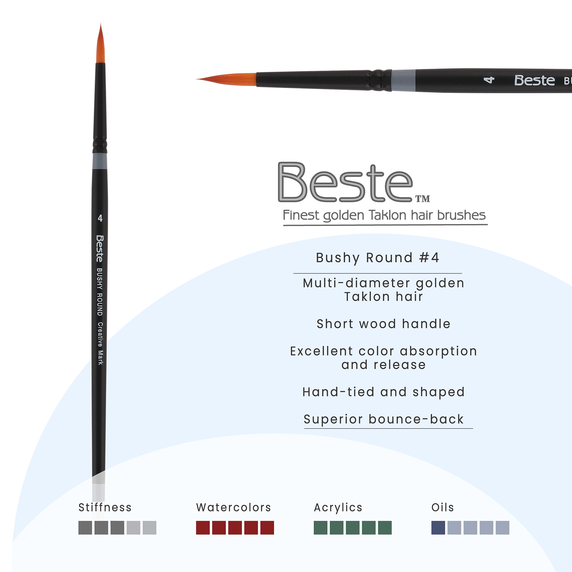 Creative Mark Beste Golden Taklon Bushy Round #4 - 3 Pack Artist Paint Brush, Professional Watercolor Brushes, For Acrylic Painting, Short Handle, Sharp Edges, Hand-Tied & Shaped