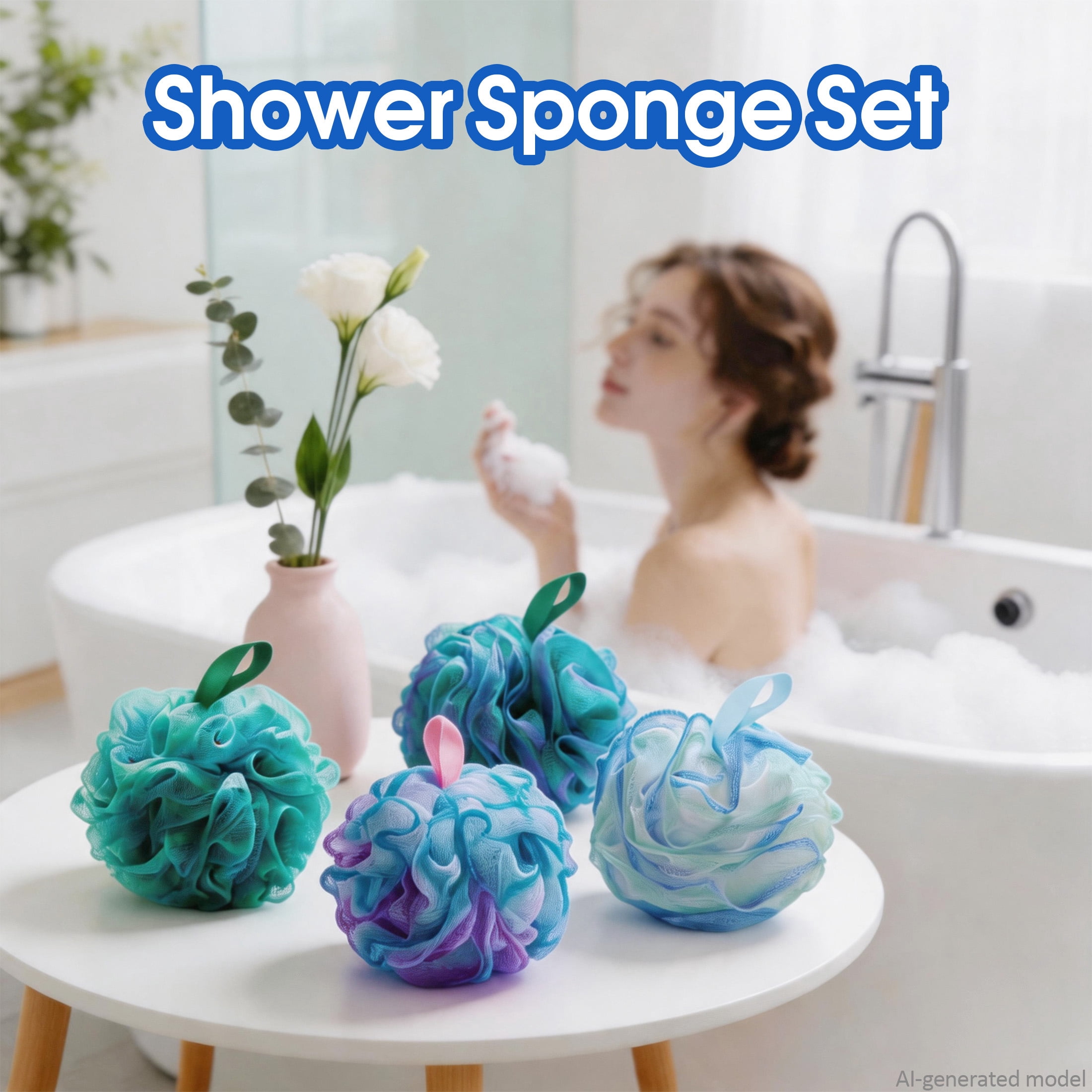 4 Pack Sponge Loofah Sponge, Large Colorful Mesh Bath Sponge Shower Pouf, Gentle Exfoliating Shower Loofahs for Daily Bath Cleansing