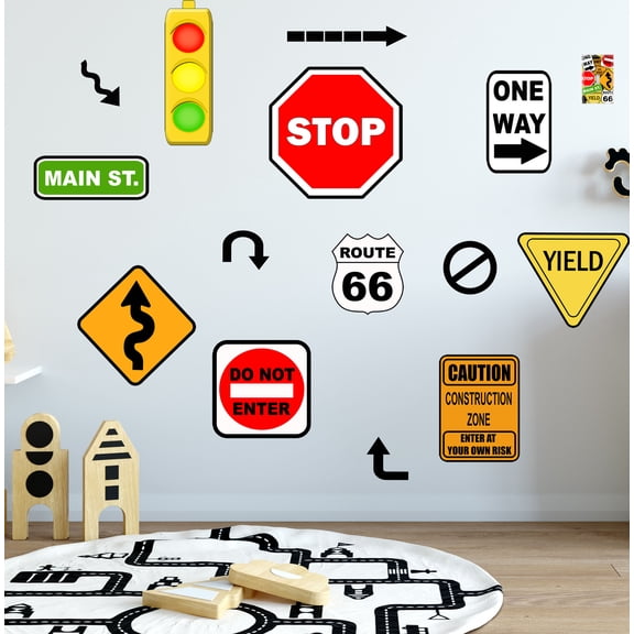 Road Signs Wall Stickers, Assorted Street Traffic Signs Boys Room Decor (3-Sheets 11"x14")