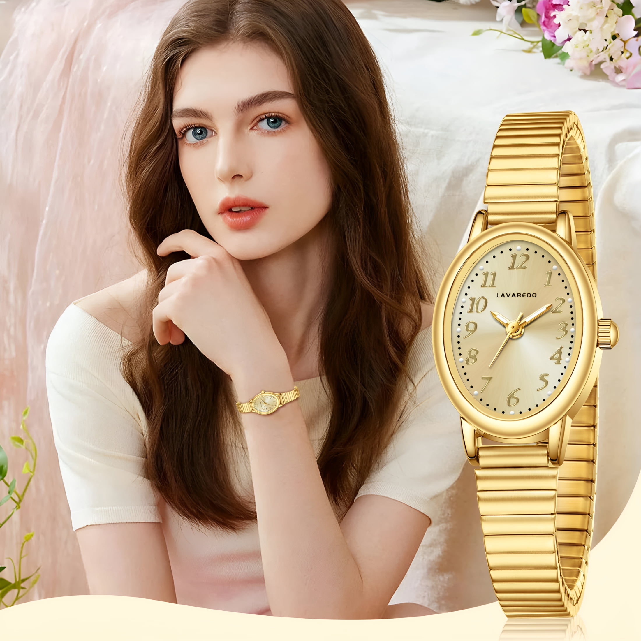 DESIGNICE Gold Watches for Women Easy Read Ladies Quartz Wrist Watch with Stainless Steel Expansion Band Waterproof Watch Gift for Woman