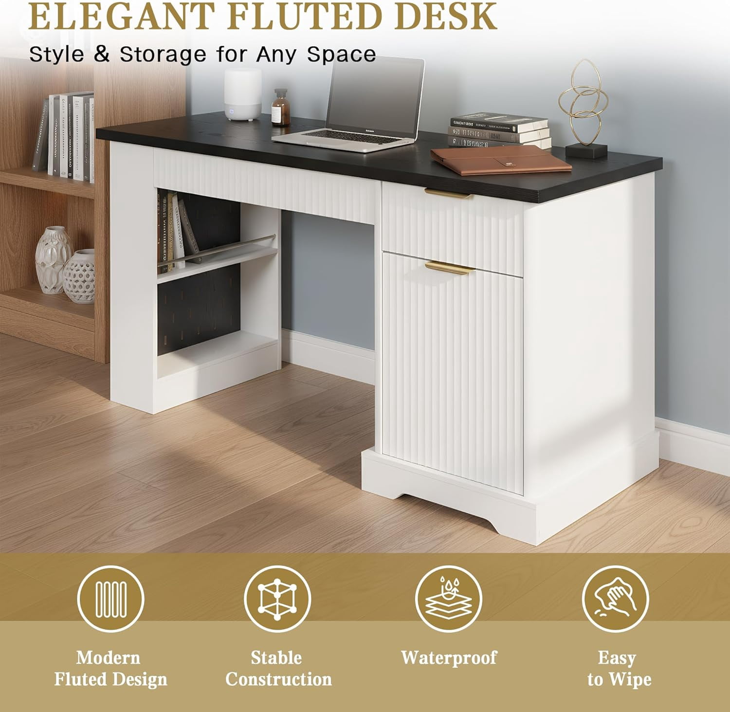 55'' Executive Desk with Pegboard & Charging Station, Fluted Home Office Desk with File Drawer and Storage Cabinet, Modern Writing Table for Office Home, Bedroom (White&Black)